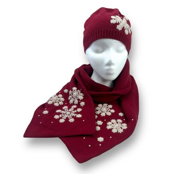 Eddie Bauer Angora Wool Knit Scarft And Hat Set Red White Embroidered Snowflakes - Picture 1 of 9